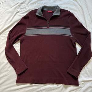 Reunion Men’s Burgundy Striped Quarter Zip Sweater Large